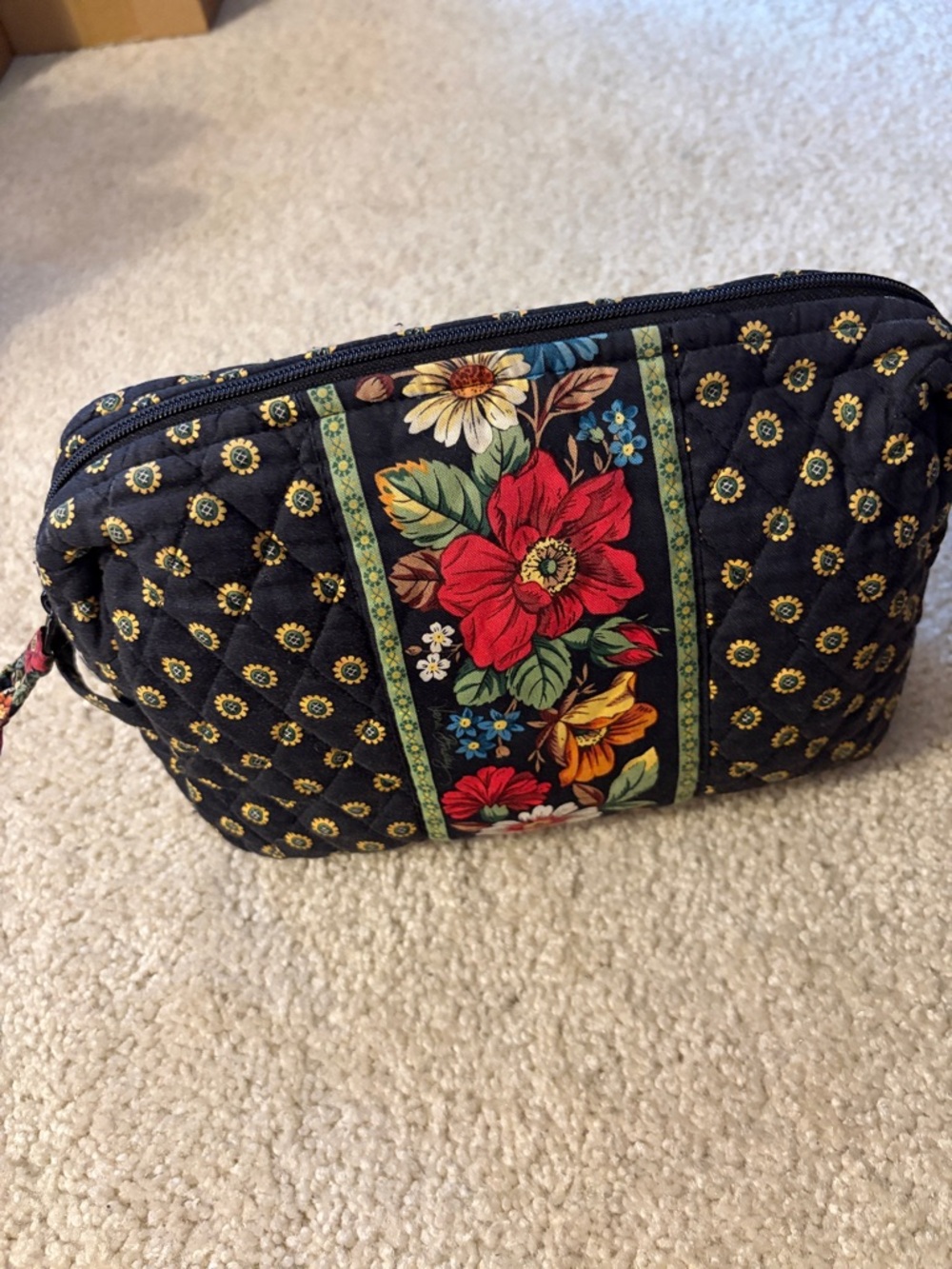 Vintage Vera Bradley Villager Vibrant Black Floral Quilted Toiletry Bag -Retired